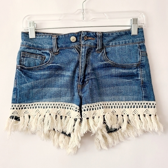 Altar'd state Lace Fringe Blue Denim shorts Boho Bohemian Summer Shorts - Picture 1 of 3